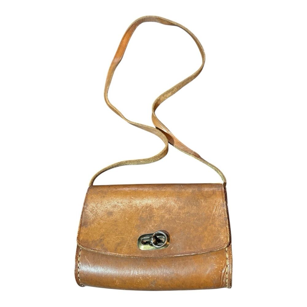 Vintage Brown Leather Hard Sided Small Shoulder Bag Purse Turn Lock Closure